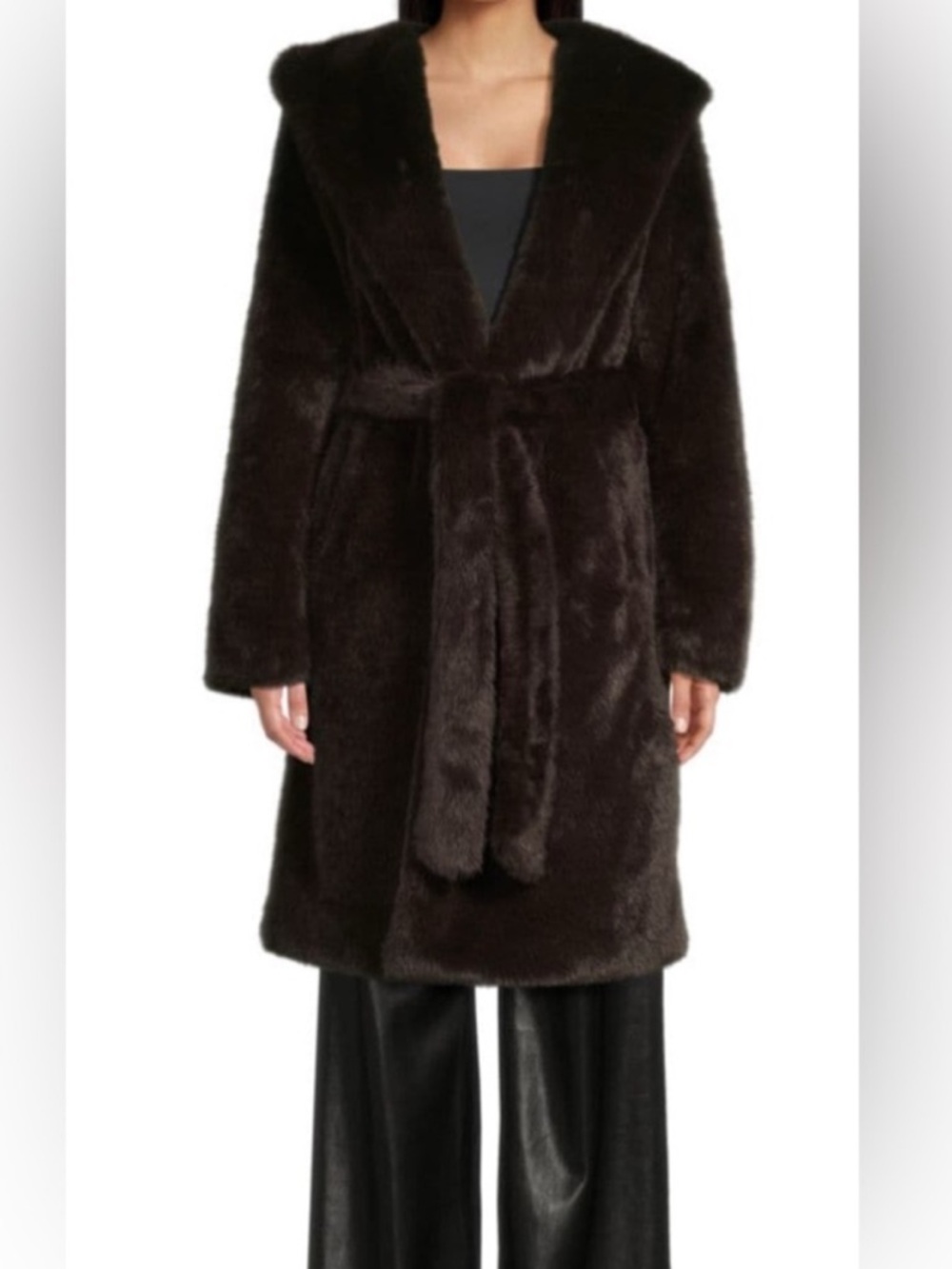 Rebecca Minkoff faux fur coat w/ hood in dark brown. Size large missing belt